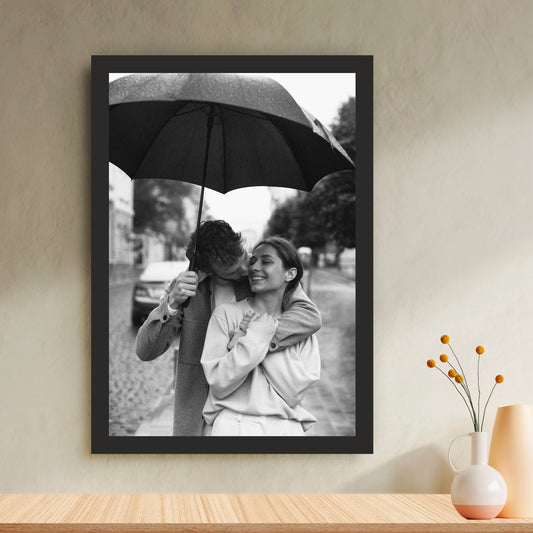 Romantic Couple Under Umbrella Wall Art | Black & White Love Photography Canvas Print | Rain Romance Wall Decor | Minimalist Couple Artwork