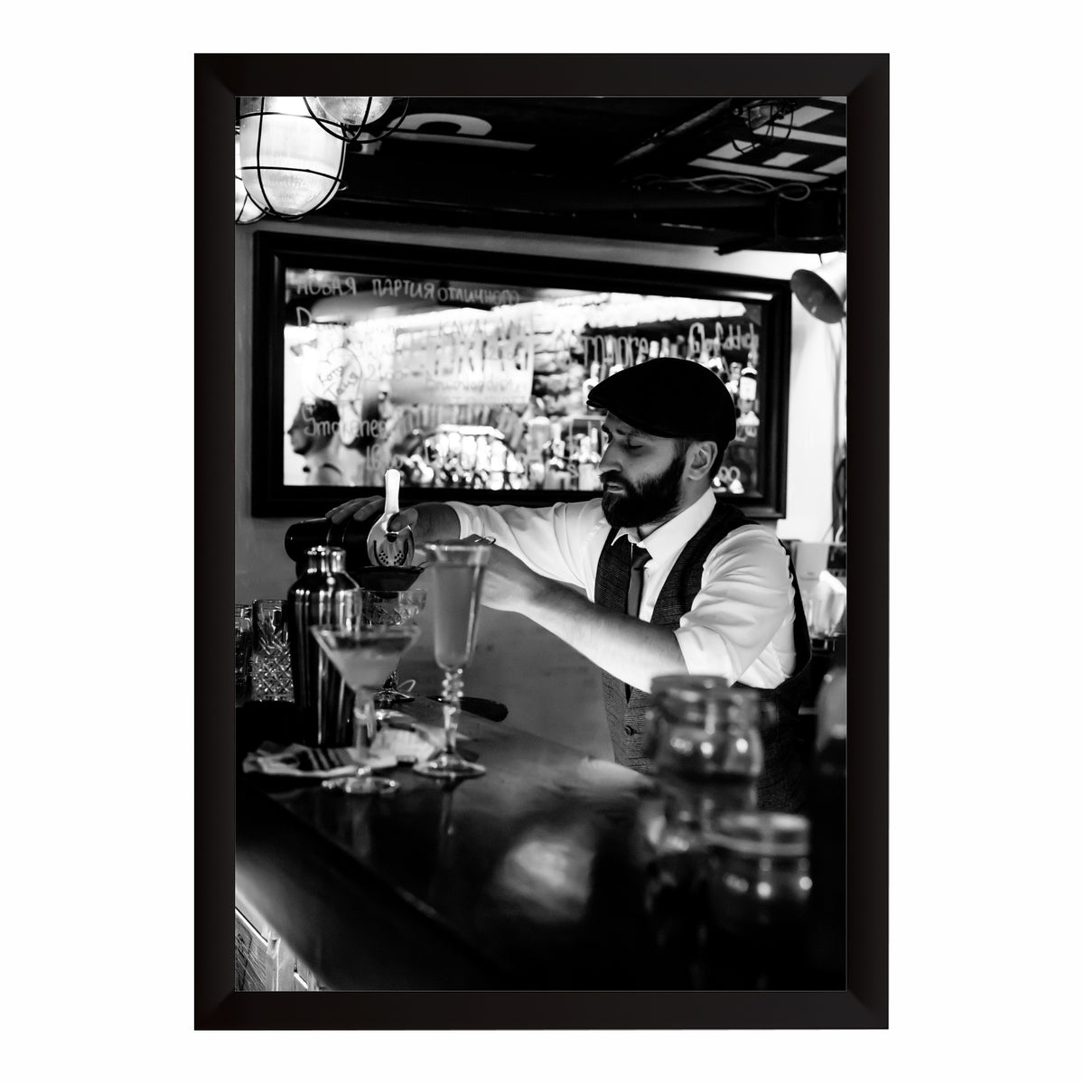 Bartender Wall Art | Framed Bar & Cocktail Artwork | Black & White Restaurant & Home Décor