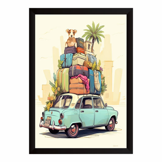 Vintage Travel Car Wall Art | Retro Road Trip Illustration | Cute Dog Adventure Poster
