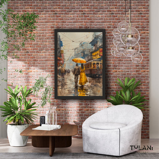 Romantic Rain Street Wall Art | Watercolor Couple Painting | Vintage Tram Cityscape Canvas | Love & Travel Decor