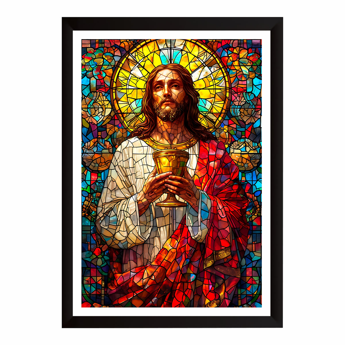 Jesus Christ Holy Communion Wall Art | Stained Glass Christian Artwork | Sacred Chalice Religious Decor | Christian Home Wall Frame