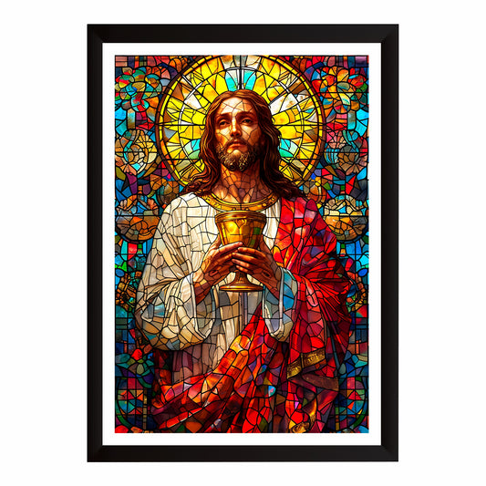 Jesus Christ Holy Communion Wall Art | Stained Glass Christian Artwork | Sacred Chalice Religious Decor | Christian Home Wall Frame