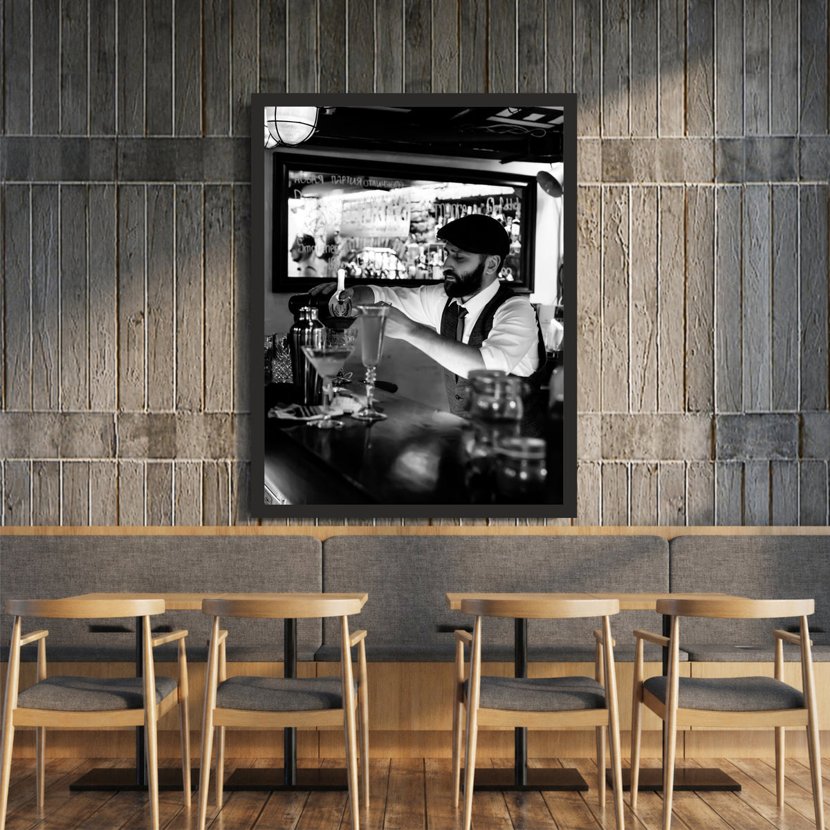 Bartender Wall Art | Framed Bar & Cocktail Artwork | Black & White Restaurant & Home Décor