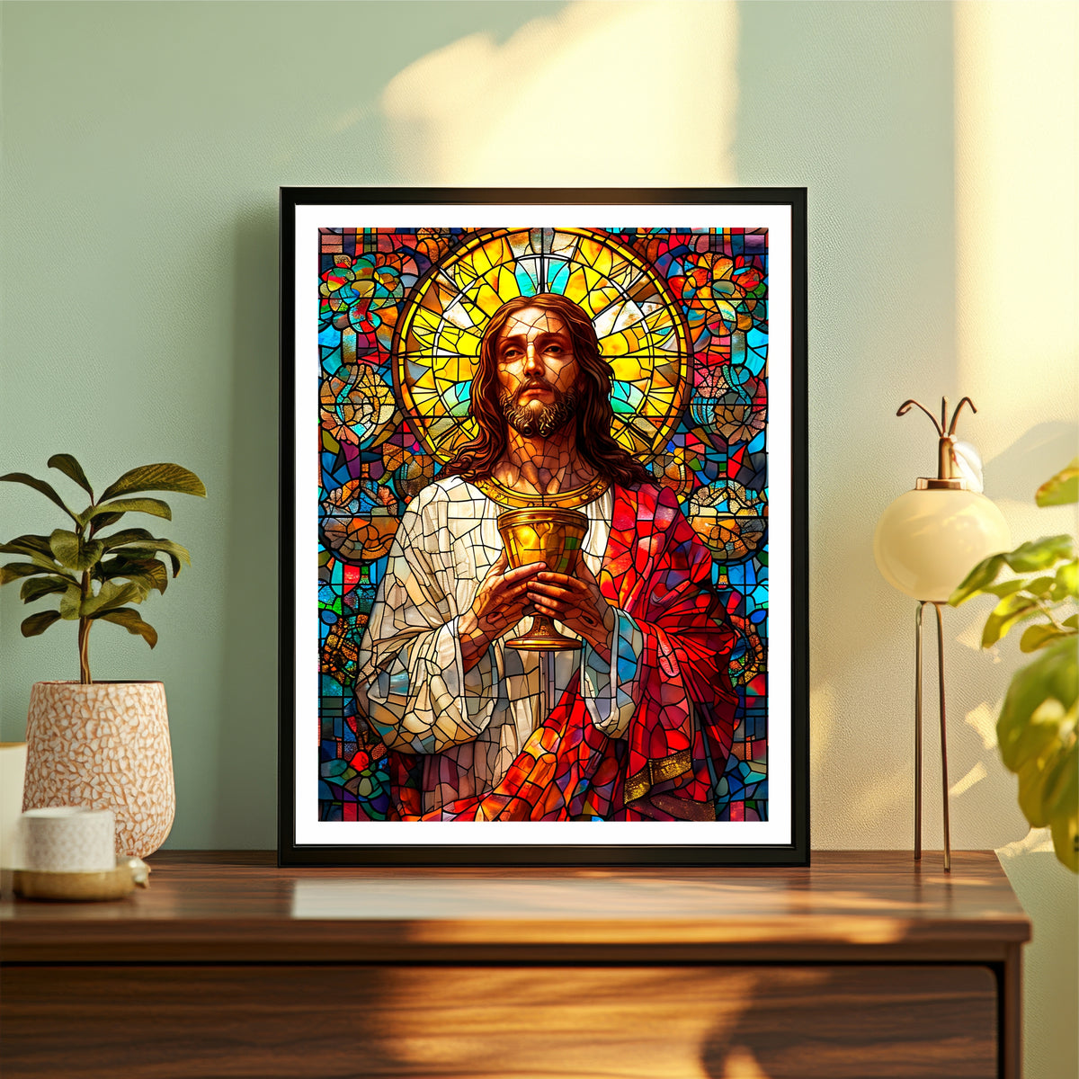 Jesus Christ Holy Communion Wall Art | Stained Glass Christian Artwork | Sacred Chalice Religious Decor | Christian Home Wall Frame