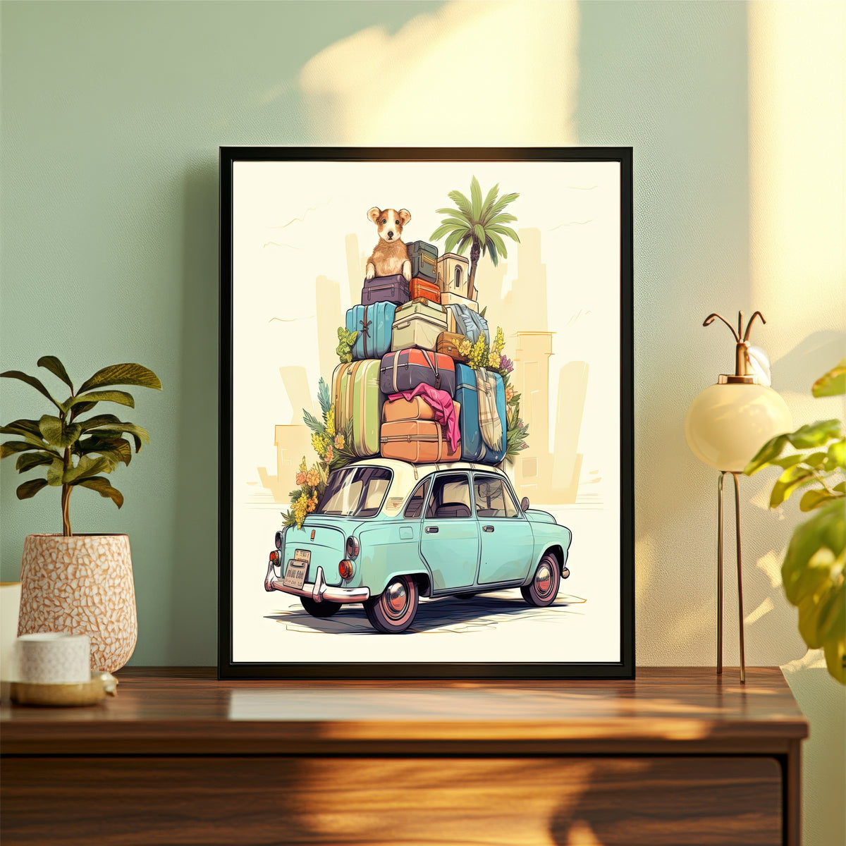 Vintage Travel Car Wall Art | Retro Road Trip Illustration | Cute Dog Adventure Poster