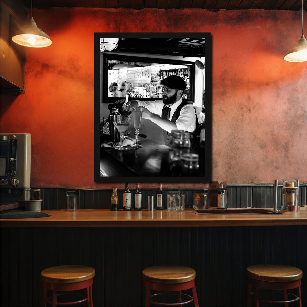 Bartender Wall Art | Framed Bar & Cocktail Artwork | Black & White Restaurant & Home Décor