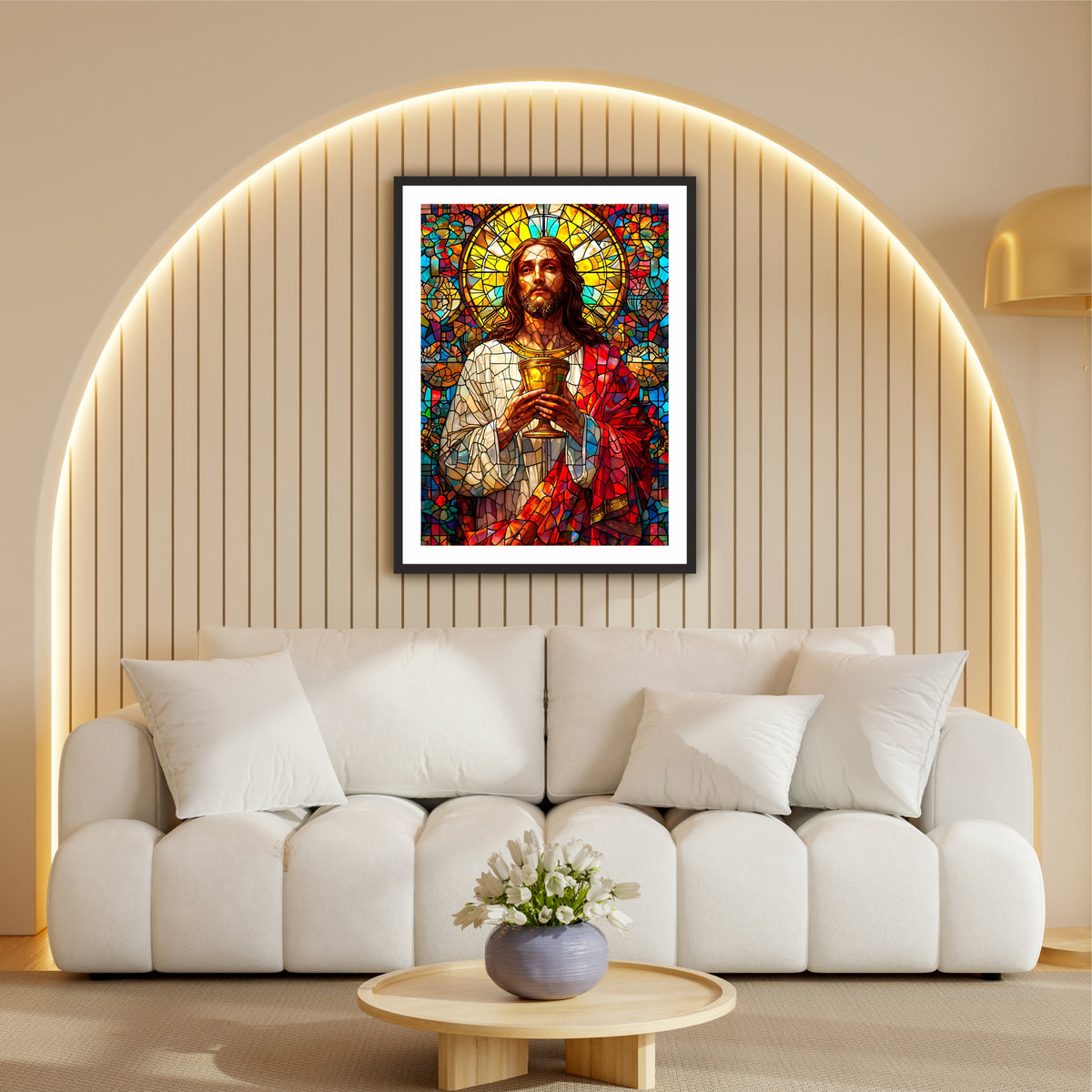 Jesus Christ Holy Communion Wall Art | Stained Glass Christian Artwork | Sacred Chalice Religious Decor | Christian Home Wall Frame