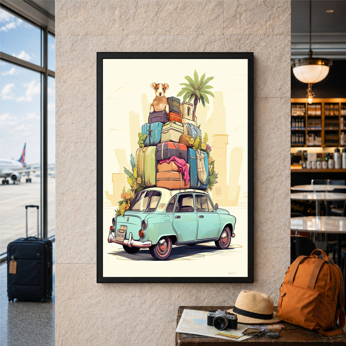 Vintage Travel Car Wall Art | Retro Road Trip Illustration | Cute Dog Adventure Poster