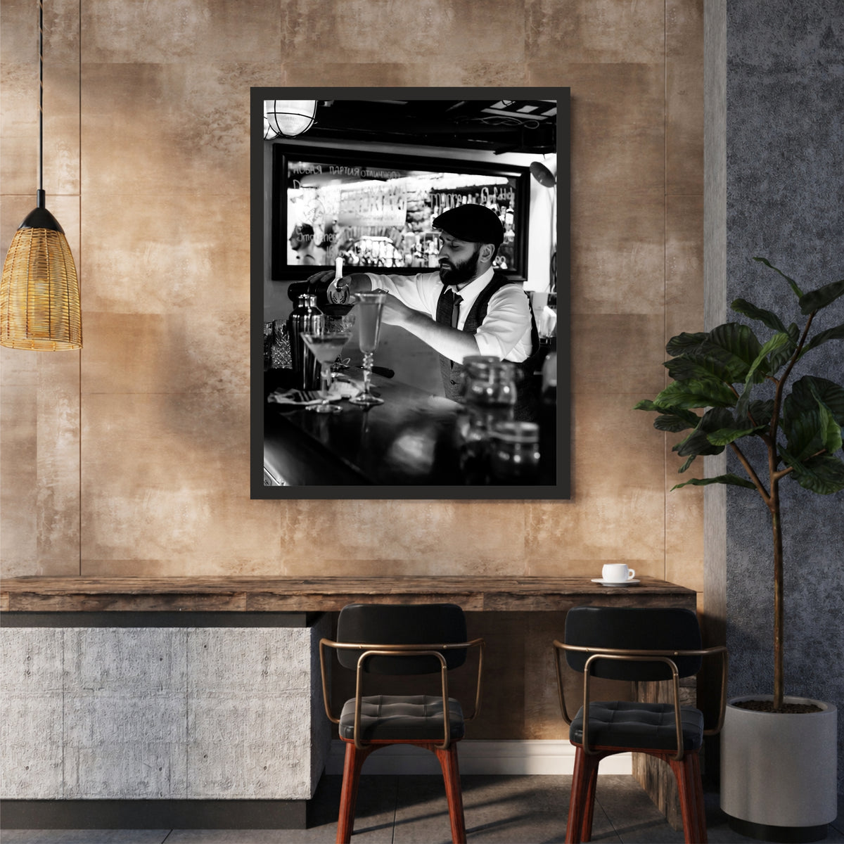 Bartender Wall Art | Framed Bar & Cocktail Artwork | Black & White Restaurant & Home Décor