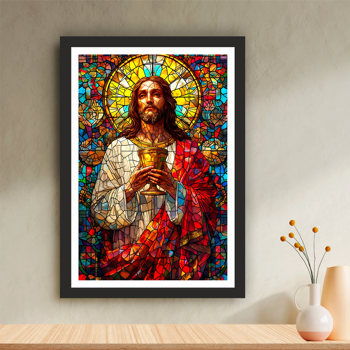 Jesus Christ Holy Communion Wall Art | Stained Glass Christian Artwork | Sacred Chalice Religious Decor | Christian Home Wall Frame