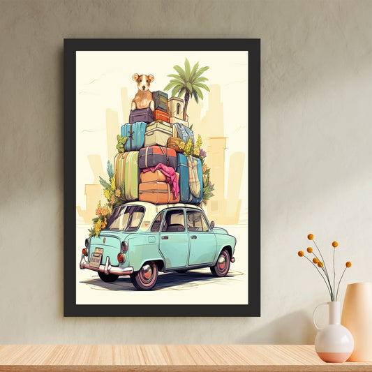 Vintage Travel Car Wall Art | Retro Road Trip Illustration | Cute Dog Adventure Poster