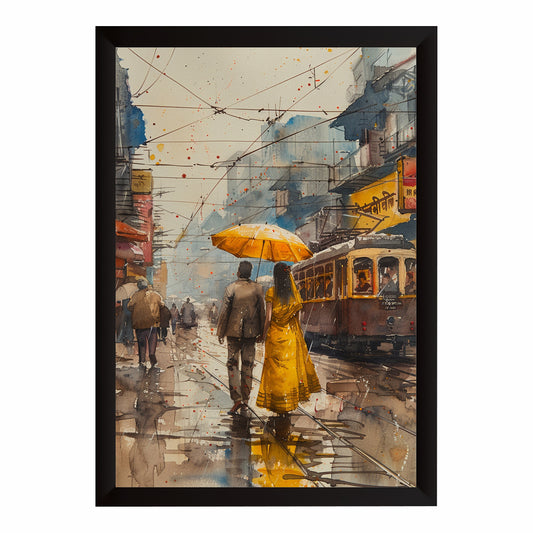 Romantic Rain Street Wall Art | Watercolor Couple Painting | Vintage Tram Cityscape Canvas | Love & Travel Decor
