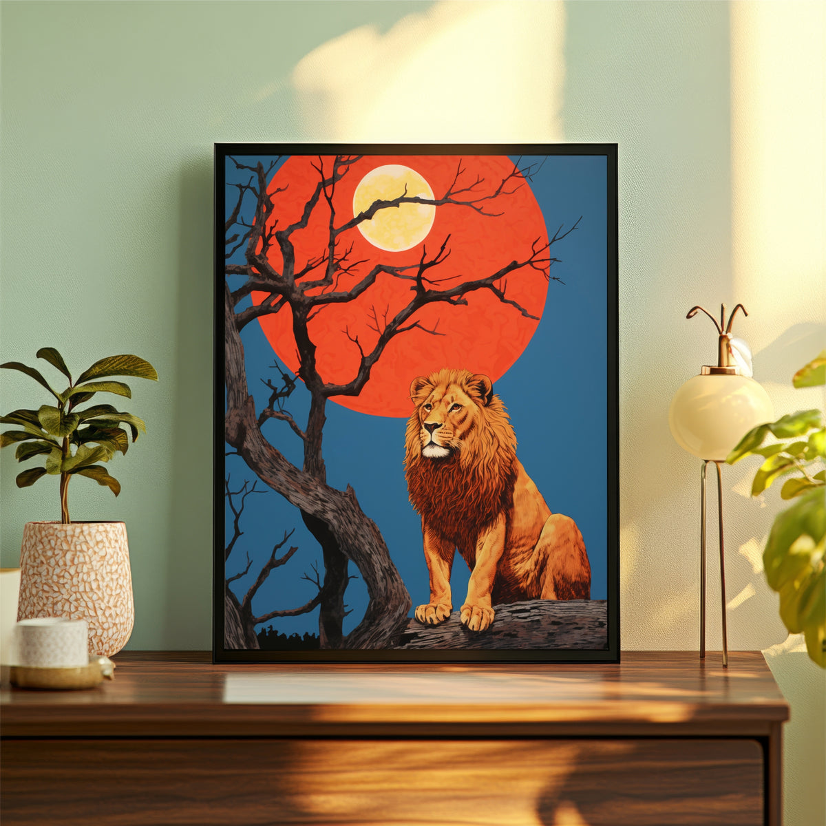 Lion Wall Art | Framed Lion & Moon Artwork | Wildlife & Nature Décor