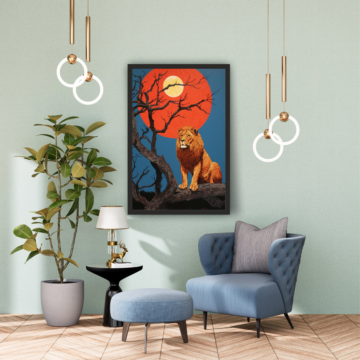 Lion Wall Art | Framed Lion & Moon Artwork | Wildlife & Nature Décor