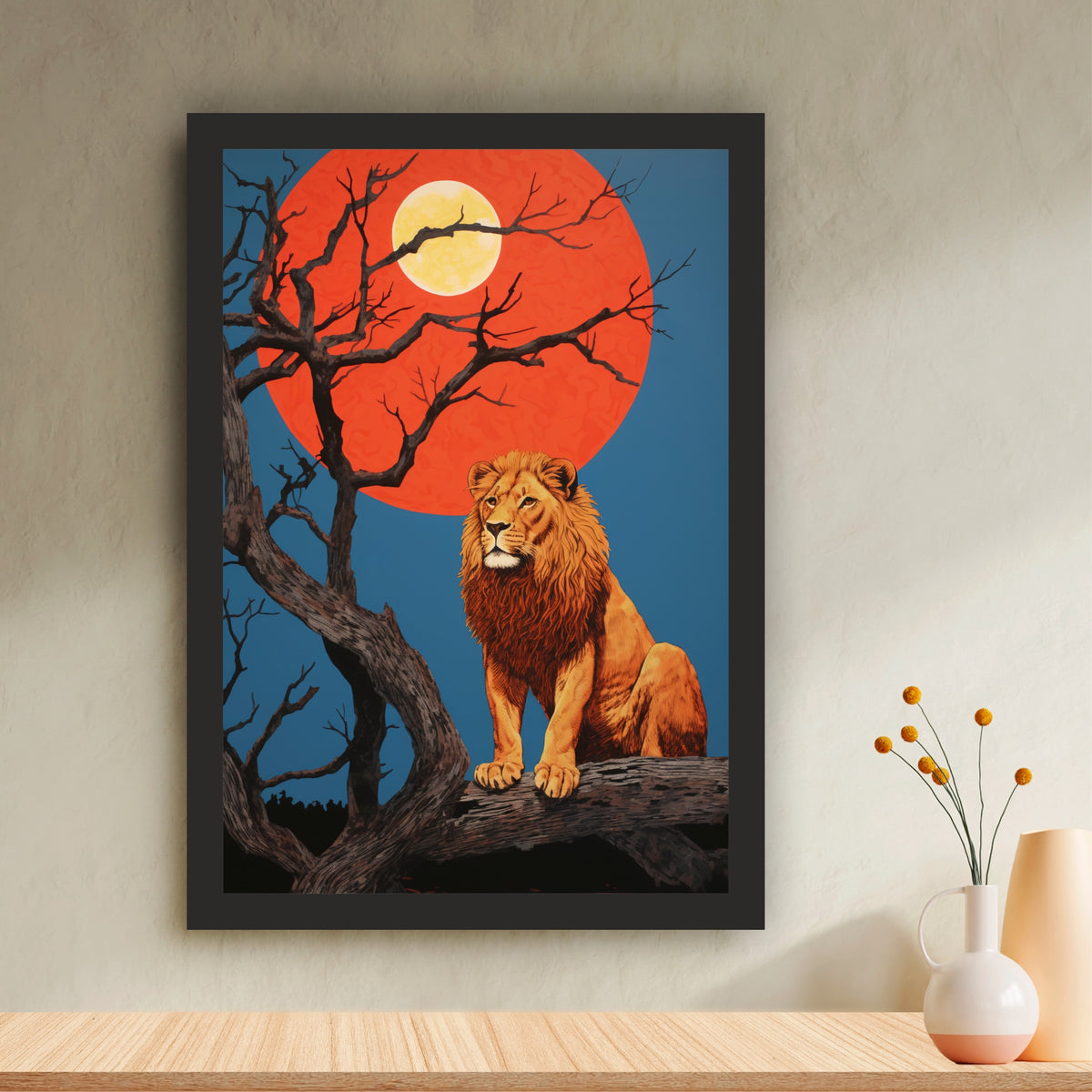 Lion Wall Art | Framed Lion & Moon Artwork | Wildlife & Nature Décor