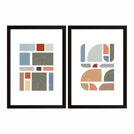 Mid Century Modern Geometric Wall Art Set of 2 | Pink Blue Abstract Prints