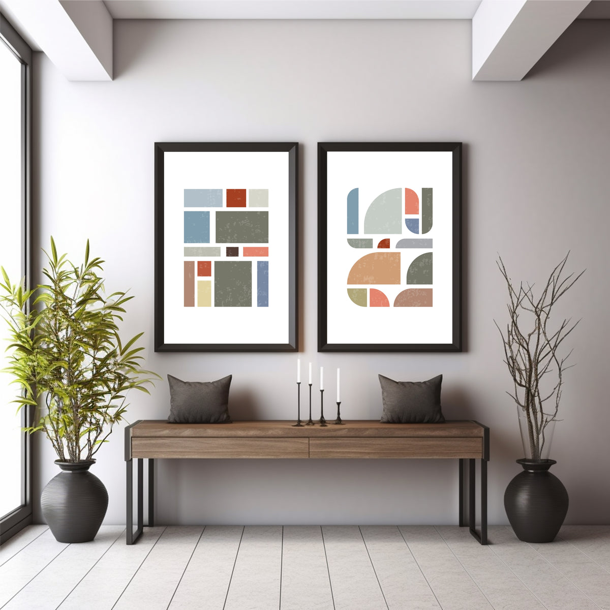 Mid Century Modern Geometric Wall Art Set of 2 | Pink Blue Abstract Prints