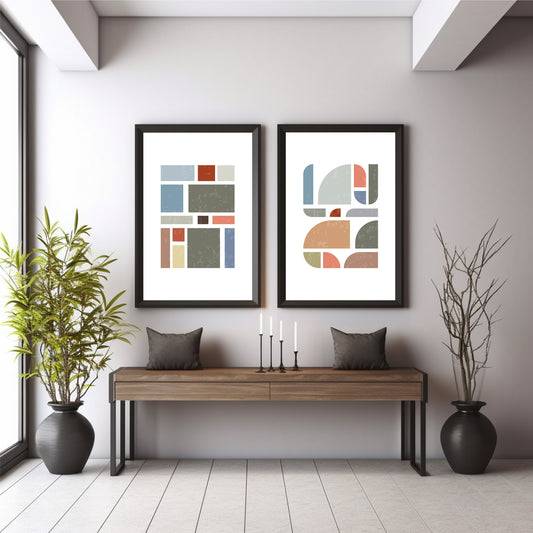 Mid Century Modern Geometric Wall Art Set of 2 | Pink Blue Abstract Prints