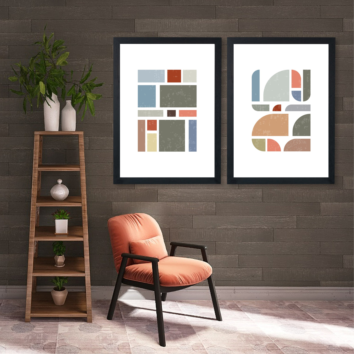 Mid Century Modern Geometric Wall Art Set of 2 | Pink Blue Abstract Prints