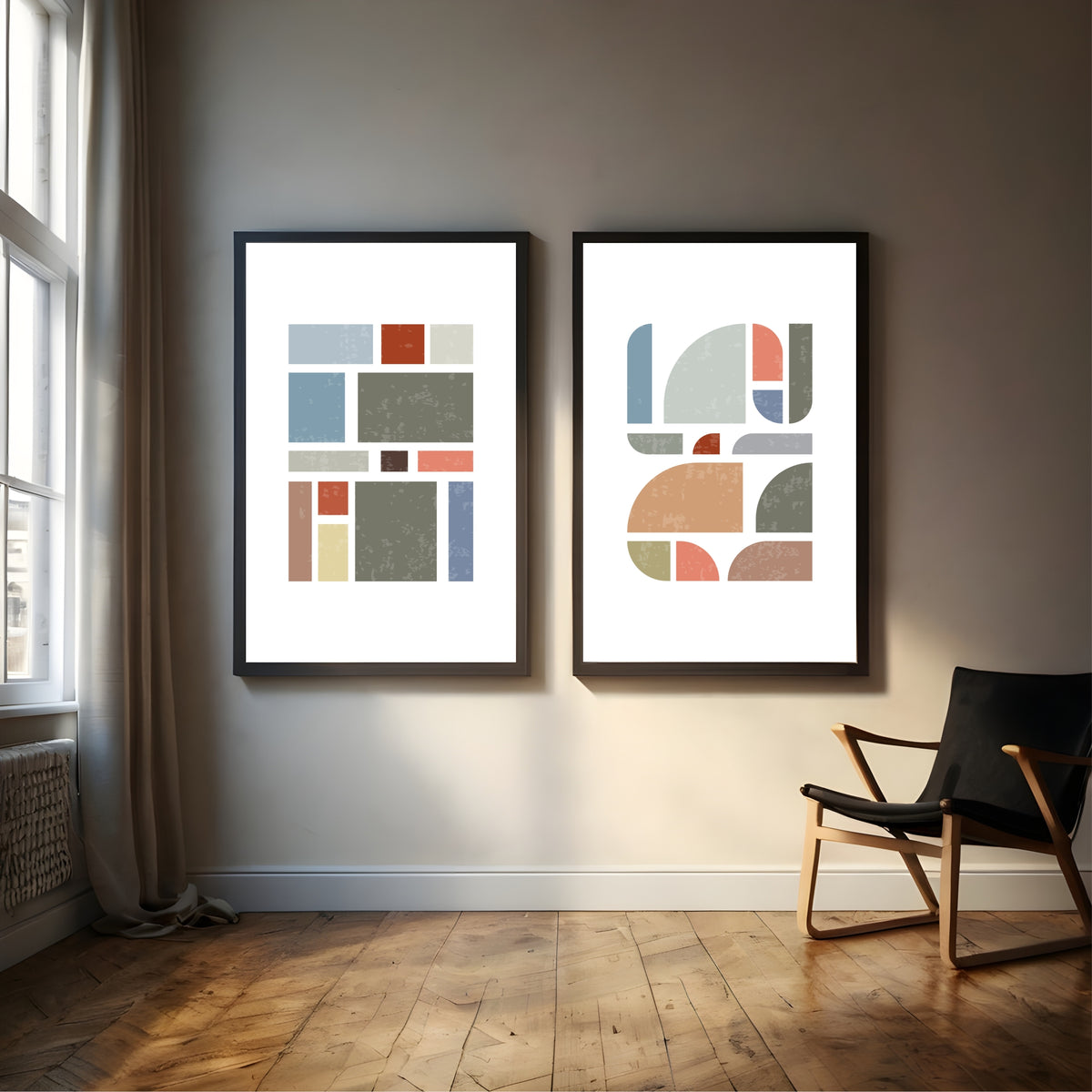 Mid Century Modern Geometric Wall Art Set of 2 | Pink Blue Abstract Prints