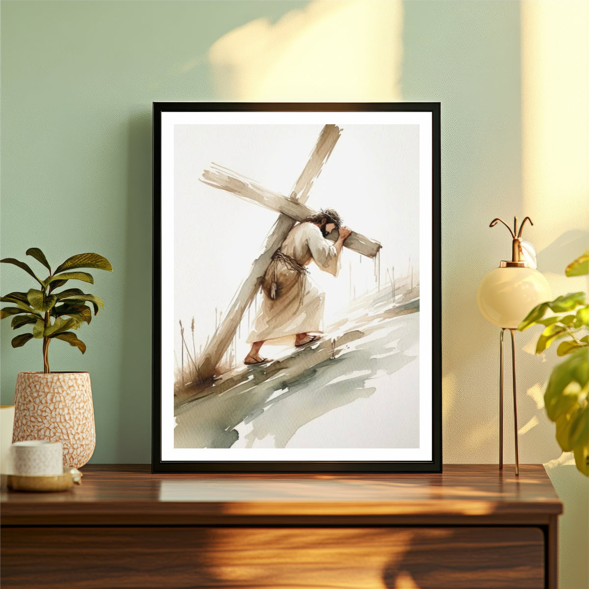 Jesus Carries the Cross Wall Art | Passion of Christ Watercolor Canvas Print | Christian Religious Wall Decor | Inspirational Bible Artwork