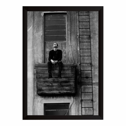 Solitary Man Balcony Wall Art | Black & White Urban Photography | Moody Fine Art Canvas Print | Minimalist Industrial Wall Decor