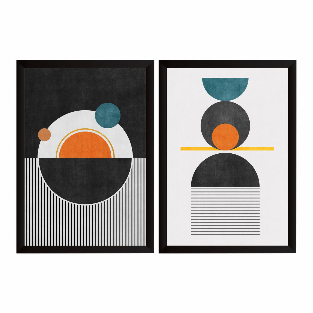 Mid Century Modern Geometric Wall Art Set of 2 | Black Orange Teal Abstract Prints