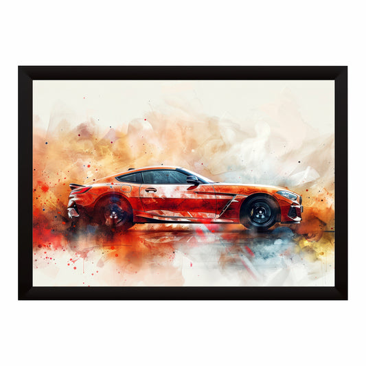Orange Luxury Sports Car Wall Art | Modern Automotive Watercolor Poster