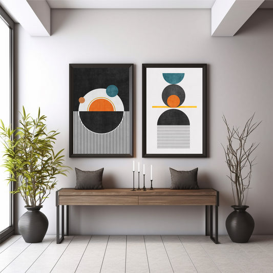 Mid Century Modern Geometric Wall Art Set of 2 | Black Orange Teal Abstract Prints