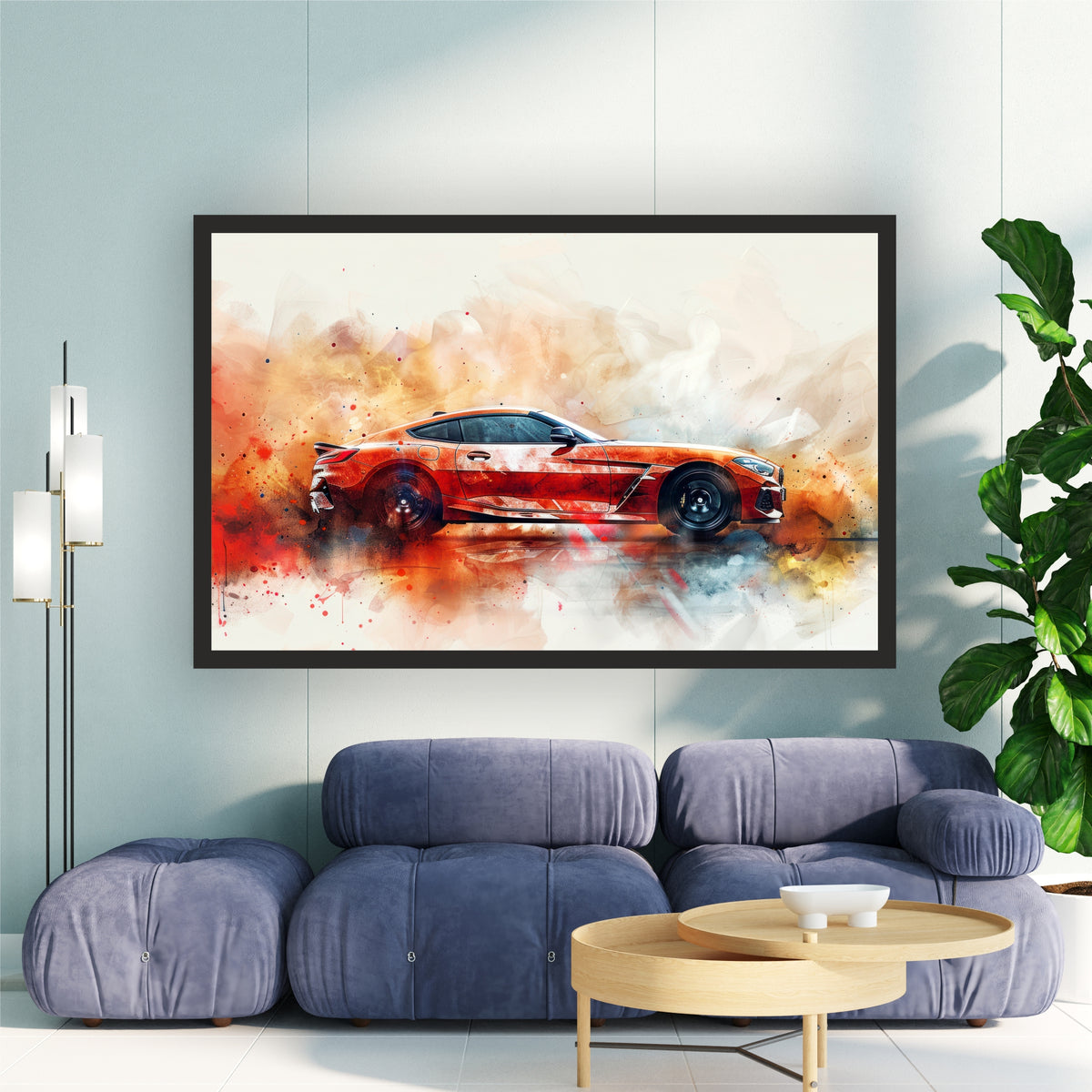 Orange Luxury Sports Car Wall Art | Modern Automotive Watercolor Poster