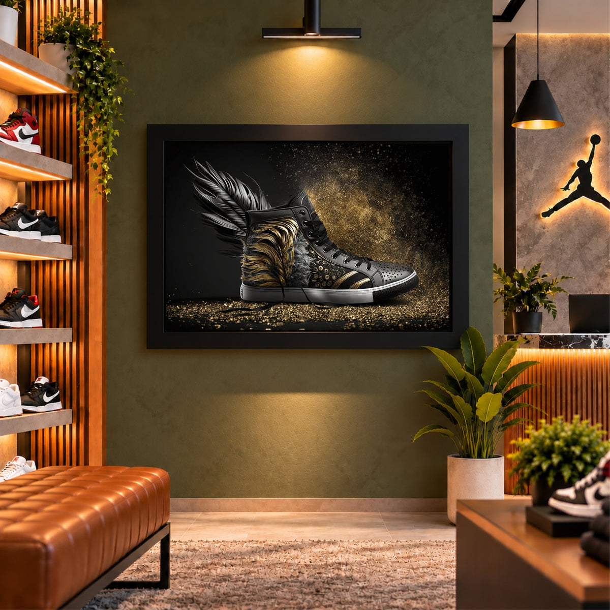 Black Gold Sneaker Wall Art | Feather High-Top Shoe Artwork | Luxury Fashion Decor