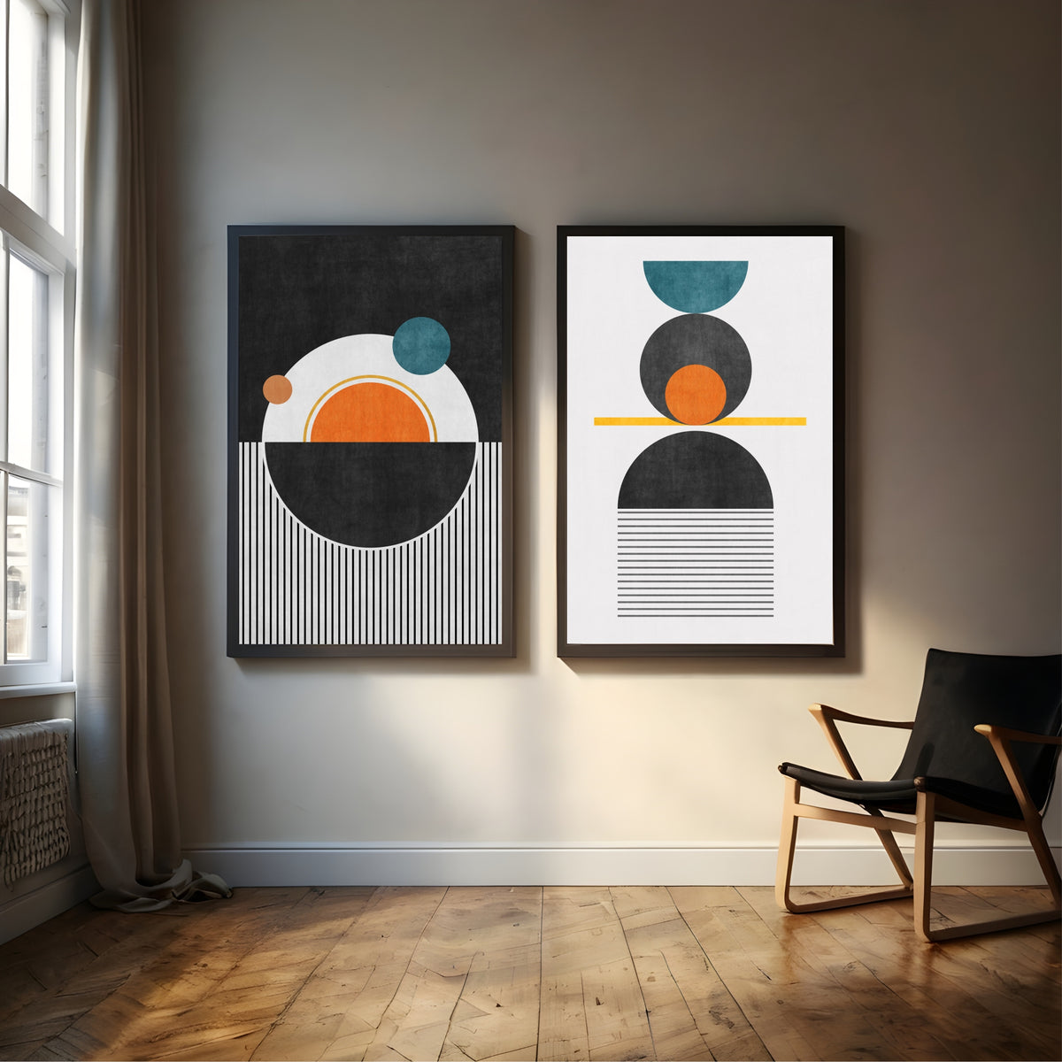 Mid Century Modern Geometric Wall Art Set of 2 | Black Orange Teal Abstract Prints