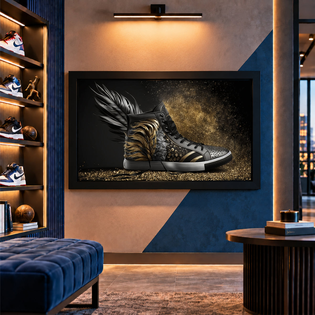 Black Gold Sneaker Wall Art | Feather High-Top Shoe Artwork | Luxury Fashion Decor