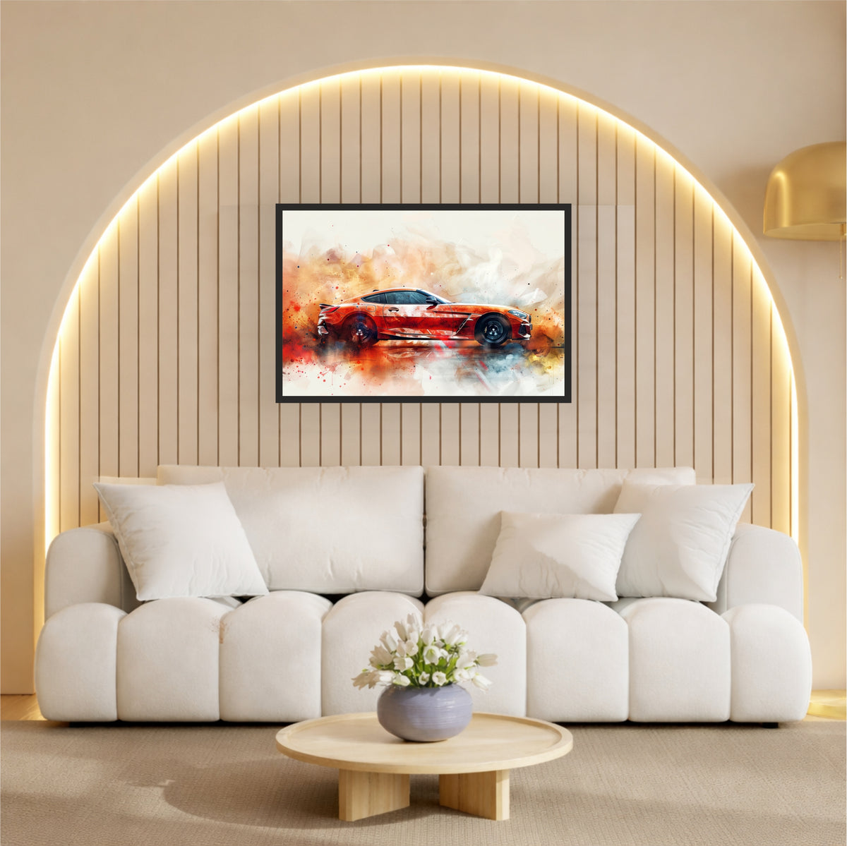 Orange Luxury Sports Car Wall Art | Modern Automotive Watercolor Poster