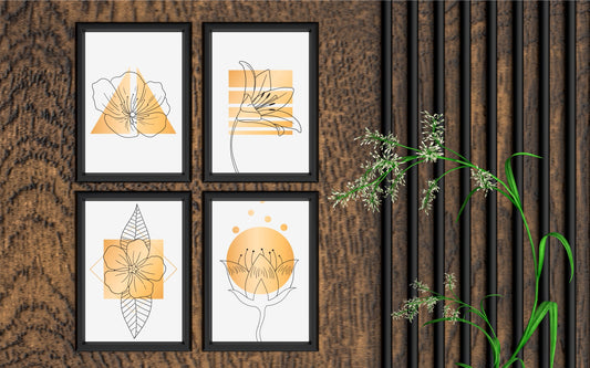 Golden Bloom Floral Wall Frame Set of 4 β Modern Line Art Flowers in Yellow & Gold Tones πΌ