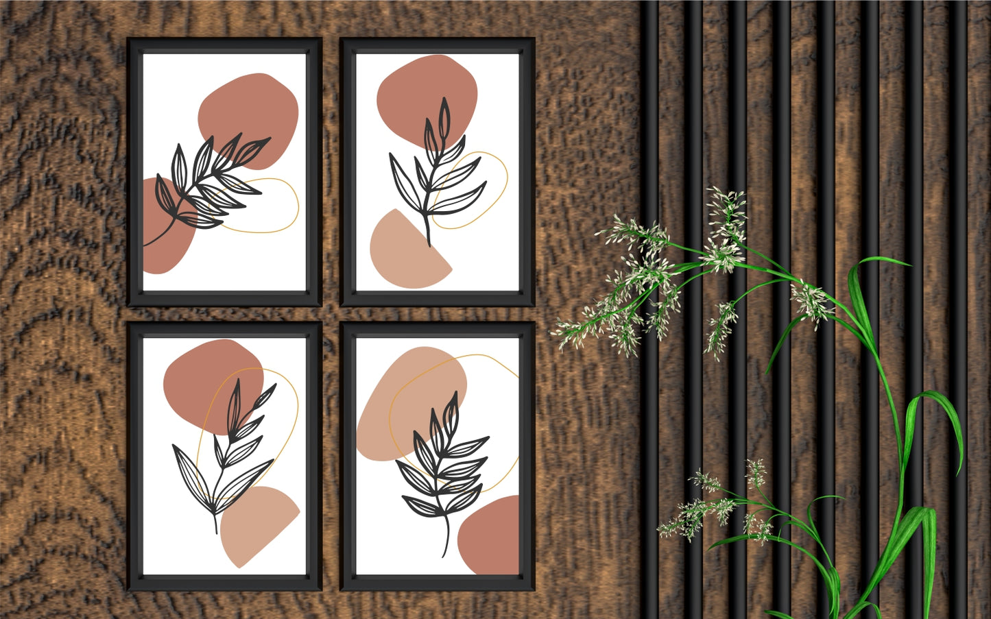 Terracotta Leaf Harmony Wall Frame Set of 4 – Minimal Botanical Line Art in Warm Earth Tones 🍂
