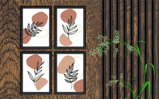 Terracotta Leaf Harmony Wall Frame Set of 4 β Minimal Botanical Line Art in Warm Earth Tones π