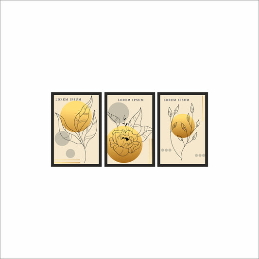 Golden Aura Abstract Floral Wall Frame Set of 3 – Modern Minimal Line Art for Home & Office Decor 🌼