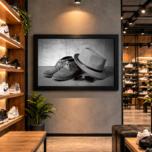 Boots & Hat Wall Art | Vintage Footwear & Fedora Artwork | Black & White Fashion Decor