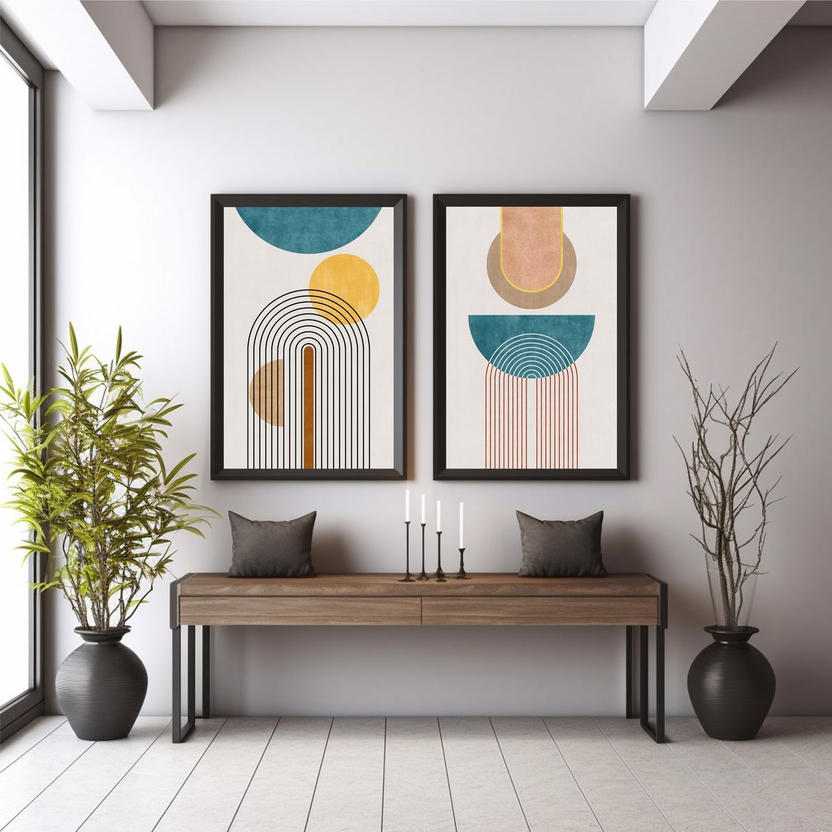 Mid Century Modern Arch Wall Art Set of 2 | Teal Gold Geometric Abstract Prints
