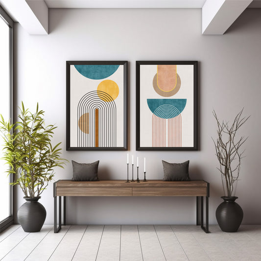 Mid Century Modern Arch Wall Art Set of 2 | Teal Gold Geometric Abstract Prints