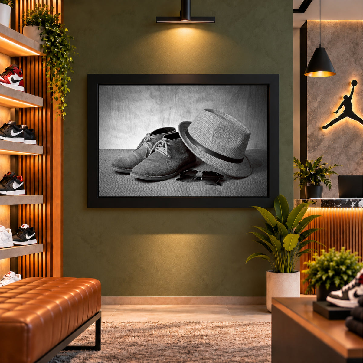 Boots & Hat Wall Art | Vintage Footwear & Fedora Artwork | Black & White Fashion Decor