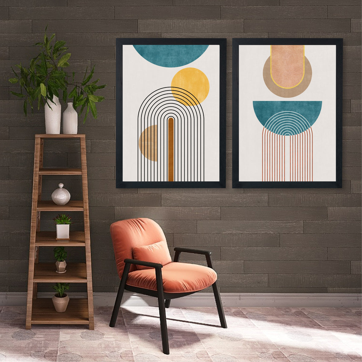 Mid Century Modern Arch Wall Art Set of 2 | Teal Gold Geometric Abstract Prints