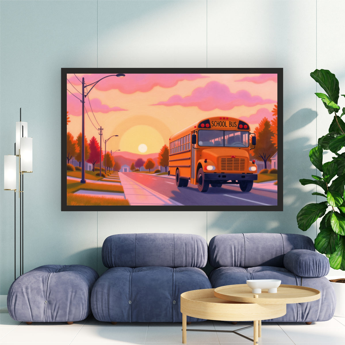 School Bus Sunset Wall Art | Nostalgic Childhood Journey Poster