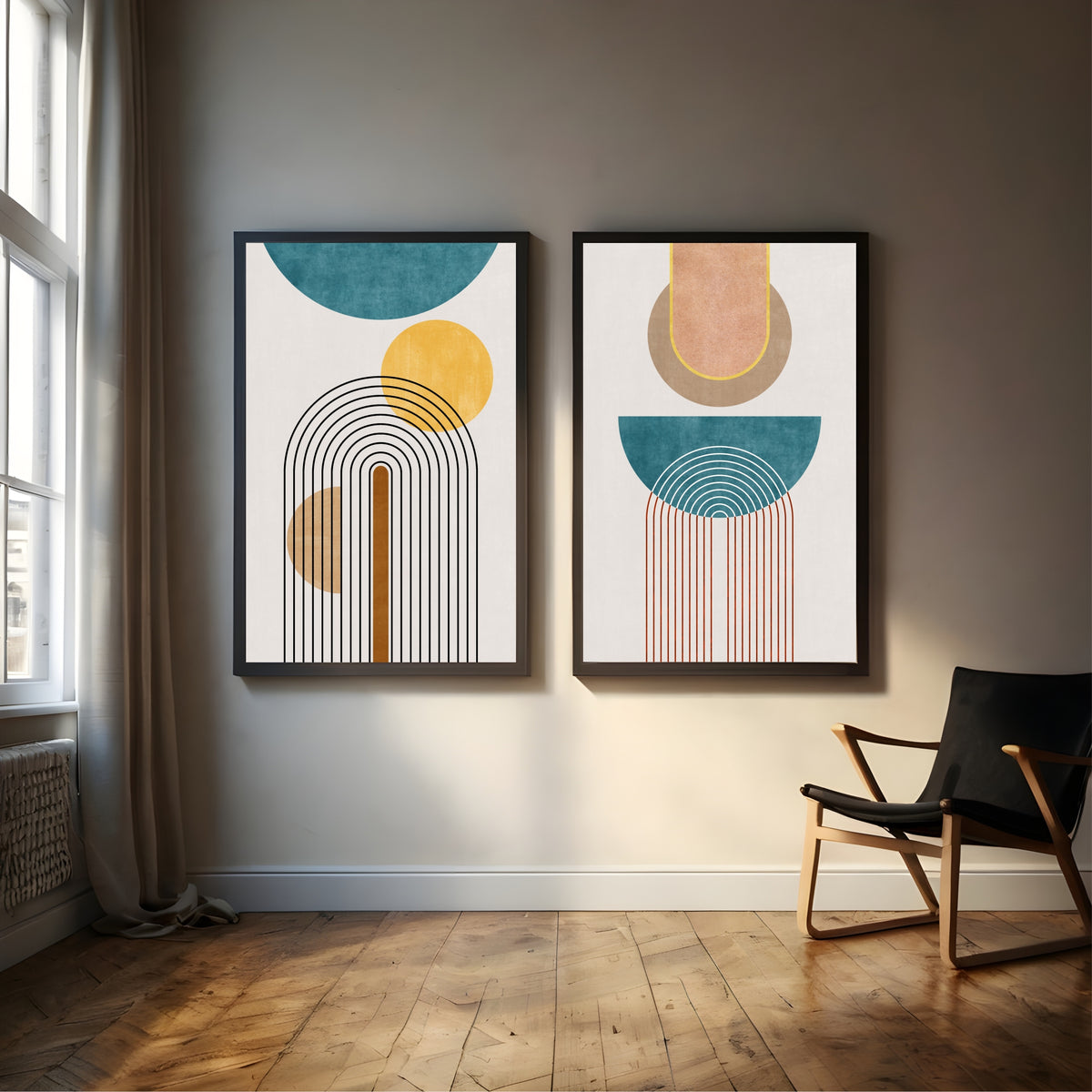 Mid Century Modern Arch Wall Art Set of 2 | Teal Gold Geometric Abstract Prints