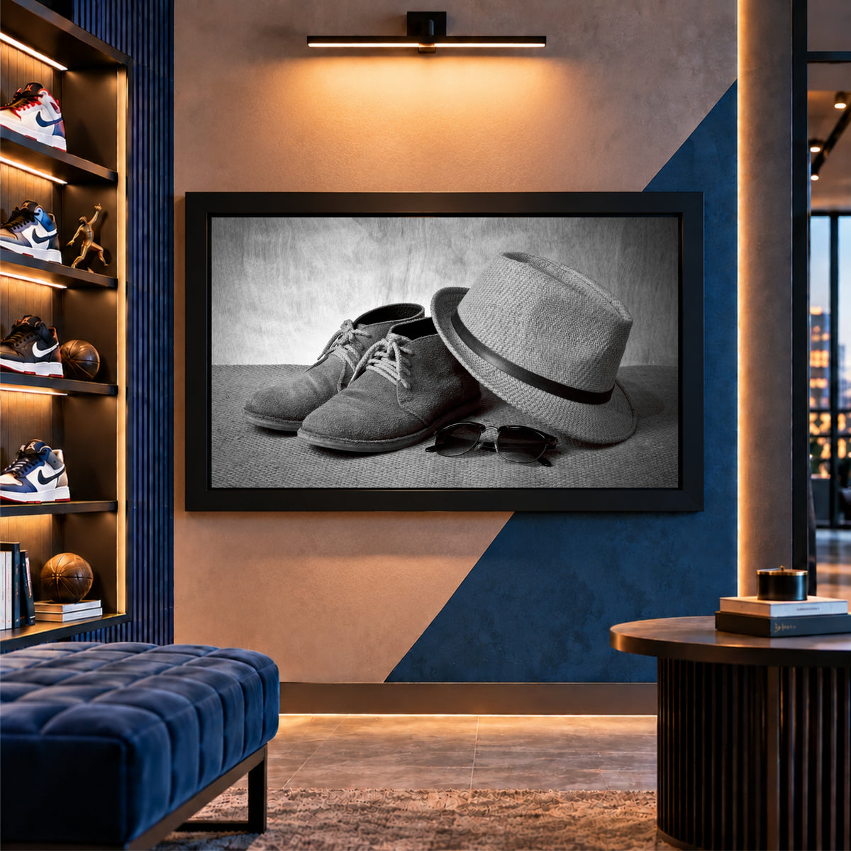 Boots & Hat Wall Art | Vintage Footwear & Fedora Artwork | Black & White Fashion Decor