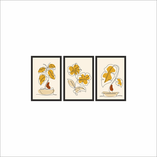 Golden Blossom Harmony Wall Frame Set of 3 – Floral Line Art with Diya for Home & Spiritual Decor 🪔🌼