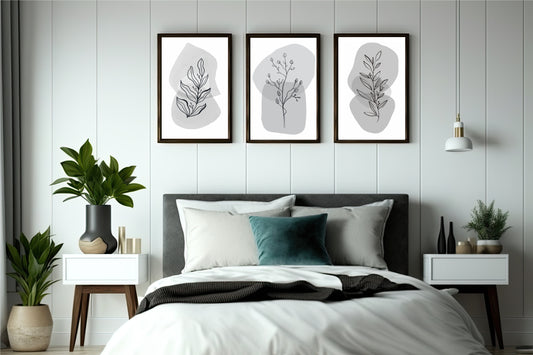 Monochrome Botanical Line Art Wall Frame Set of 3 – Modern Minimal Leaf Design for Home & Office 🌿🖤