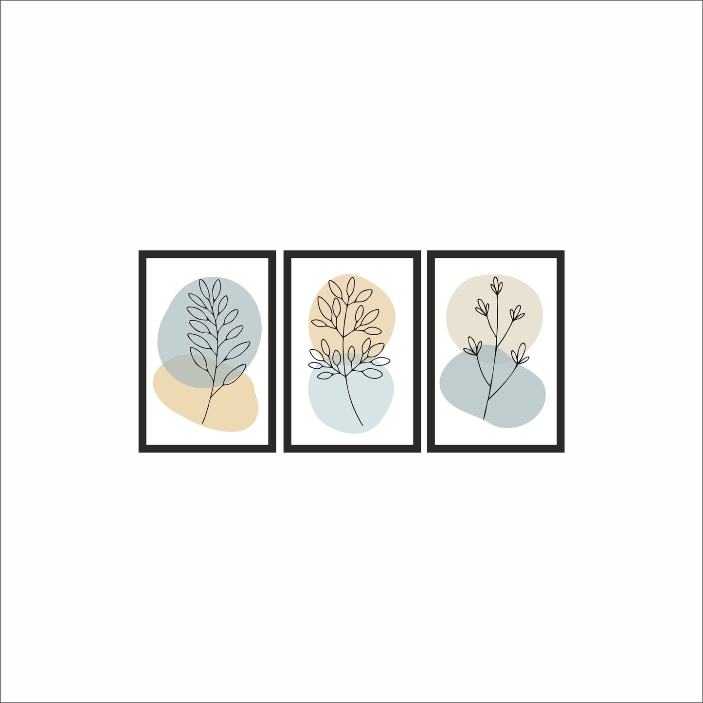 Pastel Botanical Line Art Wall Frame Set of 3 – Minimal Leaf Design in Soft Beige & Blue Tones 🌿🩵