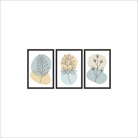 Pastel Botanical Line Art Wall Frame Set of 3 – Minimal Leaf Design in Soft Beige & Blue Tones 🌿🩵